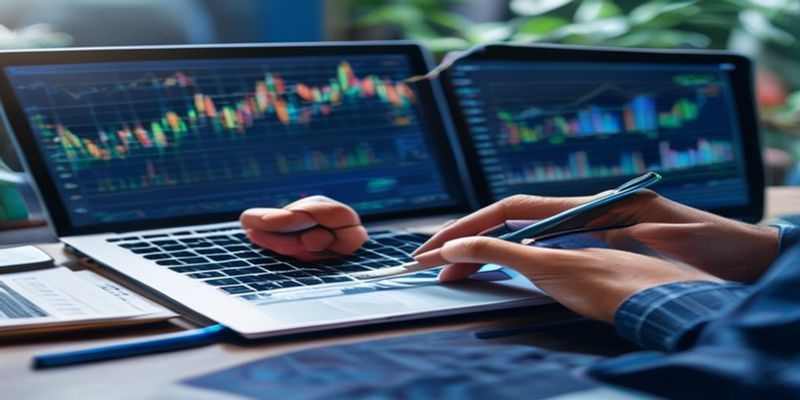 trader reviewing a journal with handwritten notes and a laptop showing charts